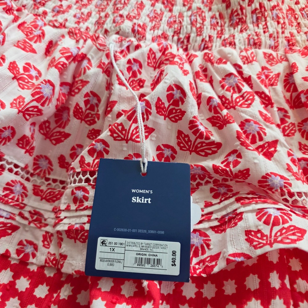 Target Red Lavender Floral Tiered Ruffle Mini Skirt Smocked Eyelet Trim 1X NWT - Picture 2 of 3